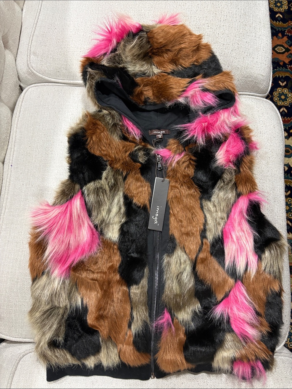 Imoga Girls Faux Fur Hooded Vest in Brown, Black & Pink